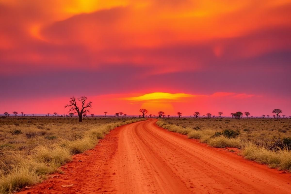 Kalahari desert road near Tshabong at sunset